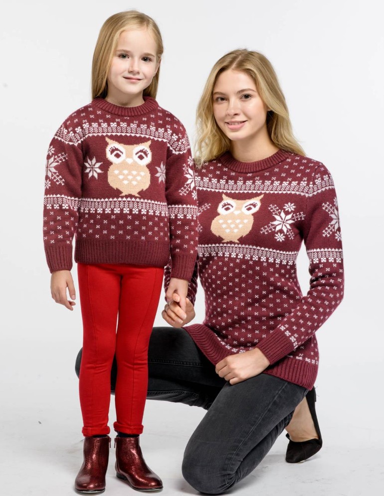 Свитеры с совой для мамы и дочки - фото1