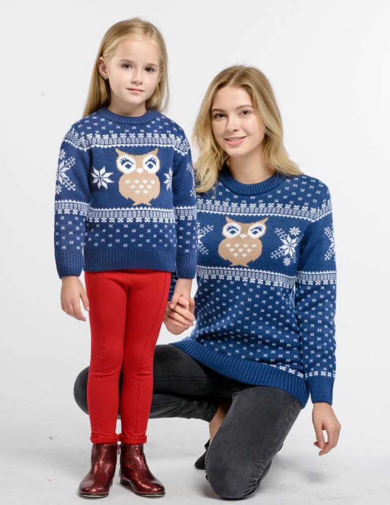 Свитеры с совой для мамы и дочки - фото1