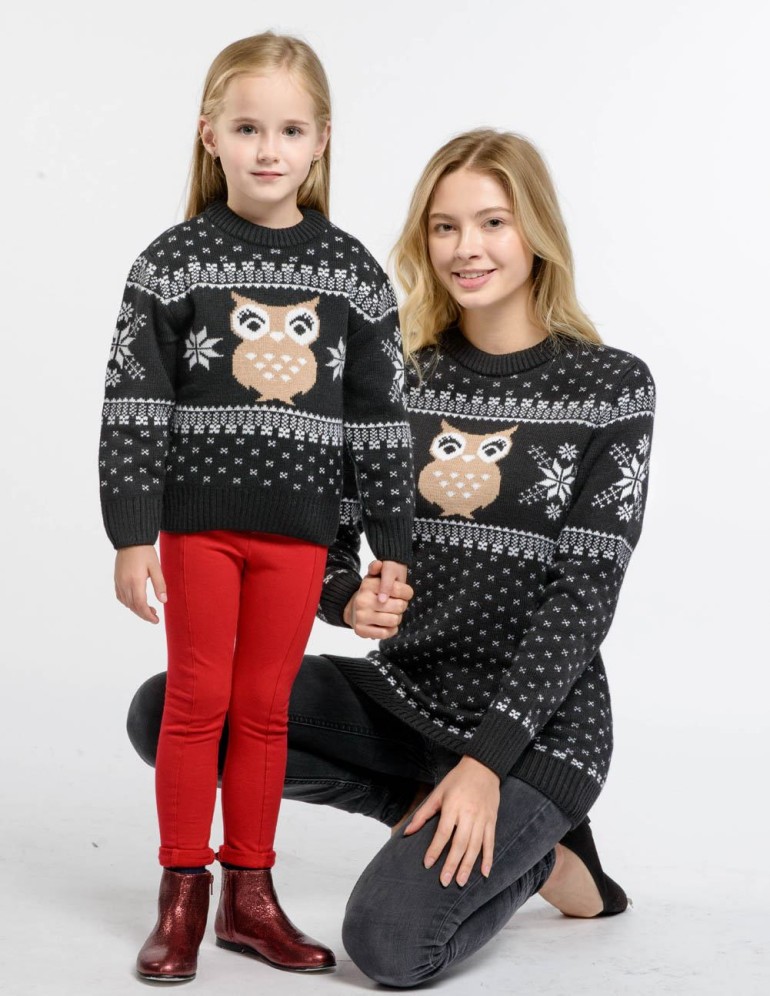 Свитеры с совой для мамы и дочки - фото1