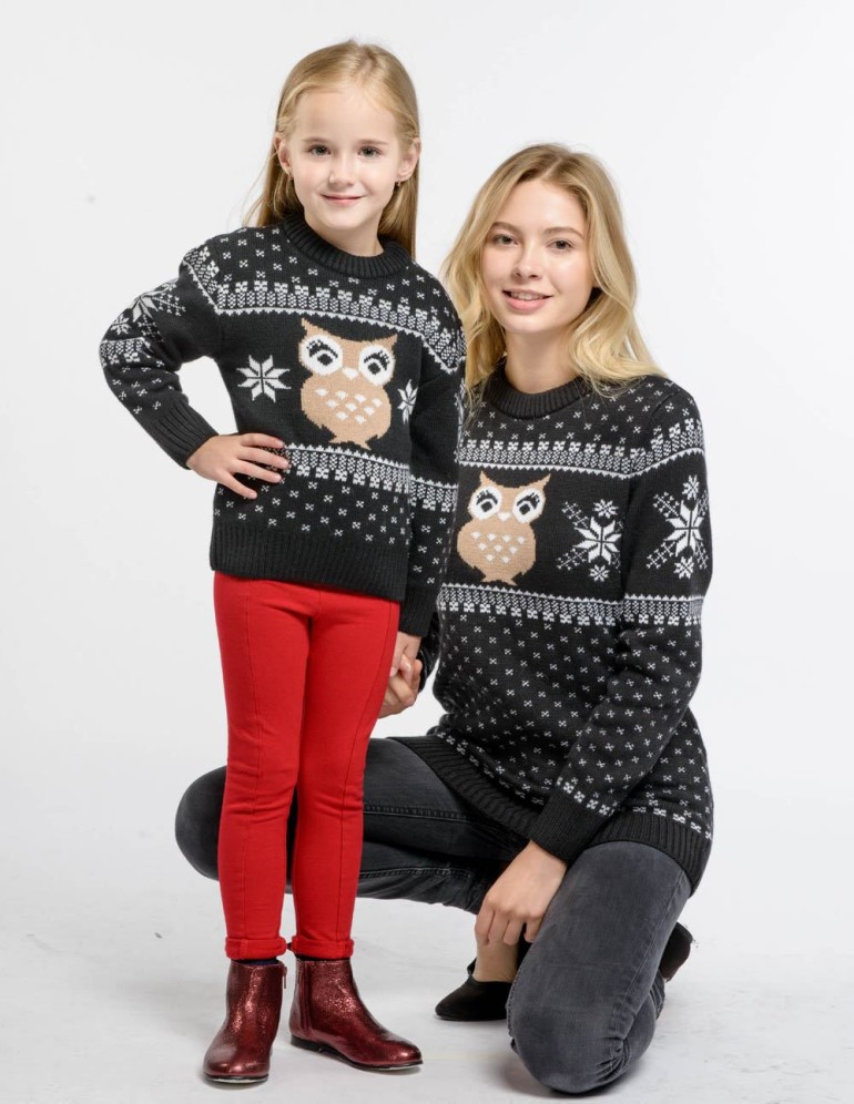 Свитеры с совой для мамы и дочки - фото2
