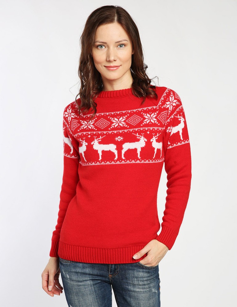 Женский свитер с оленями в ряд - фото2
