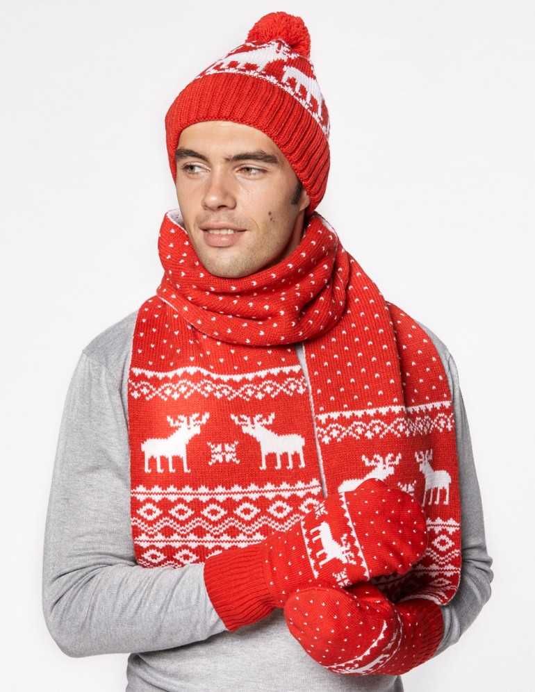 Мужские шапка, шарф и варежки с оленями - фото2