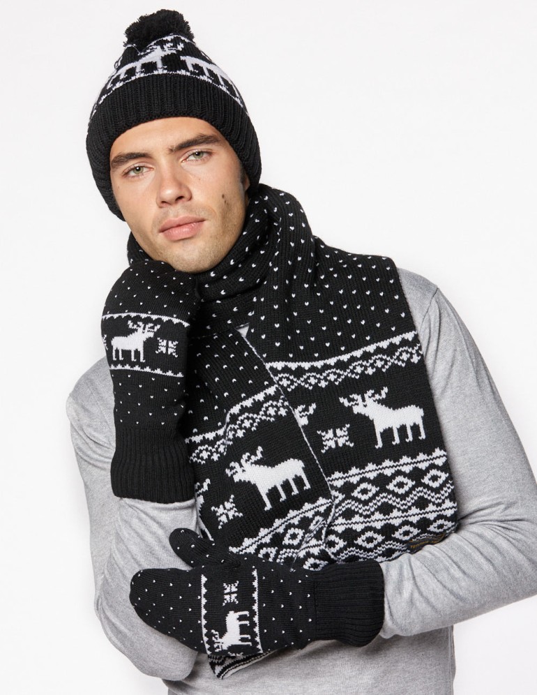 Мужские шапка, шарф и варежки с оленями - фото2