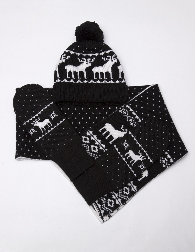 Мужские шапка, шарф и варежки с оленями - фото4
