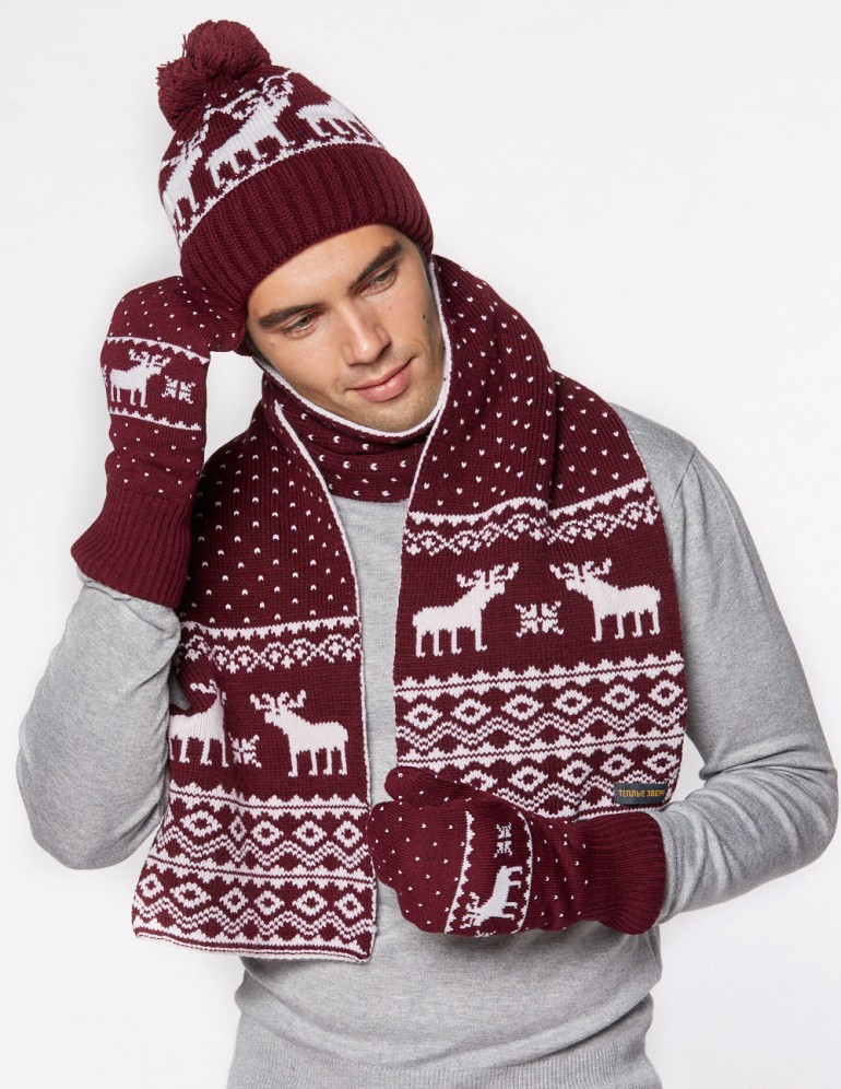 Мужские шапка, шарф и варежки с оленями - фото1
