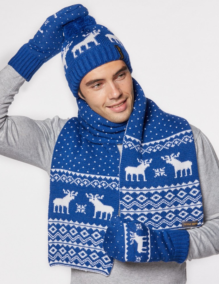 Мужские шапка, шарф и варежки с оленями - фото2