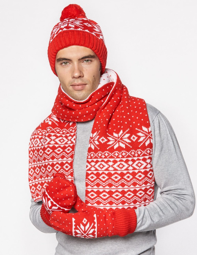 Мужские шапка, шарф и варежки со снежинкой - фото1