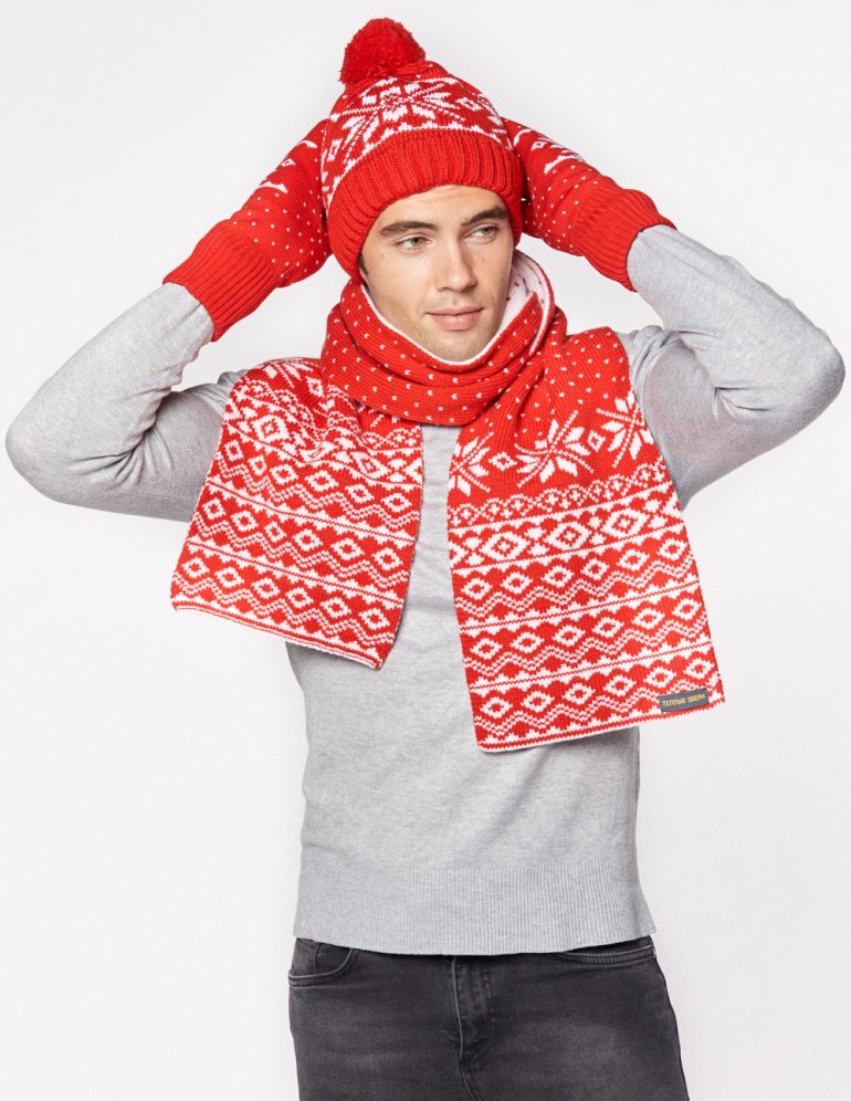 Мужские шапка, шарф и варежки со снежинкой - фото3