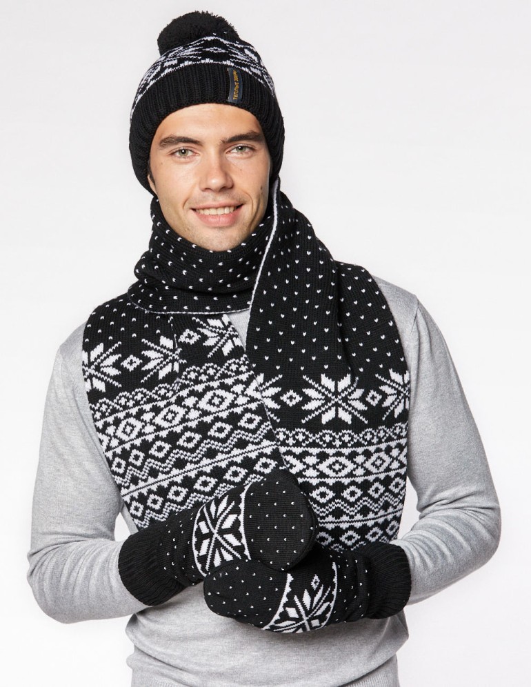 Мужские шапка, шарф и варежки со снежинкой - фото1