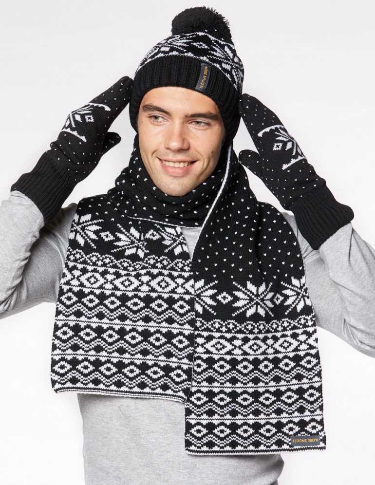 Мужские шапка, шарф и варежки со снежинкой - фото2