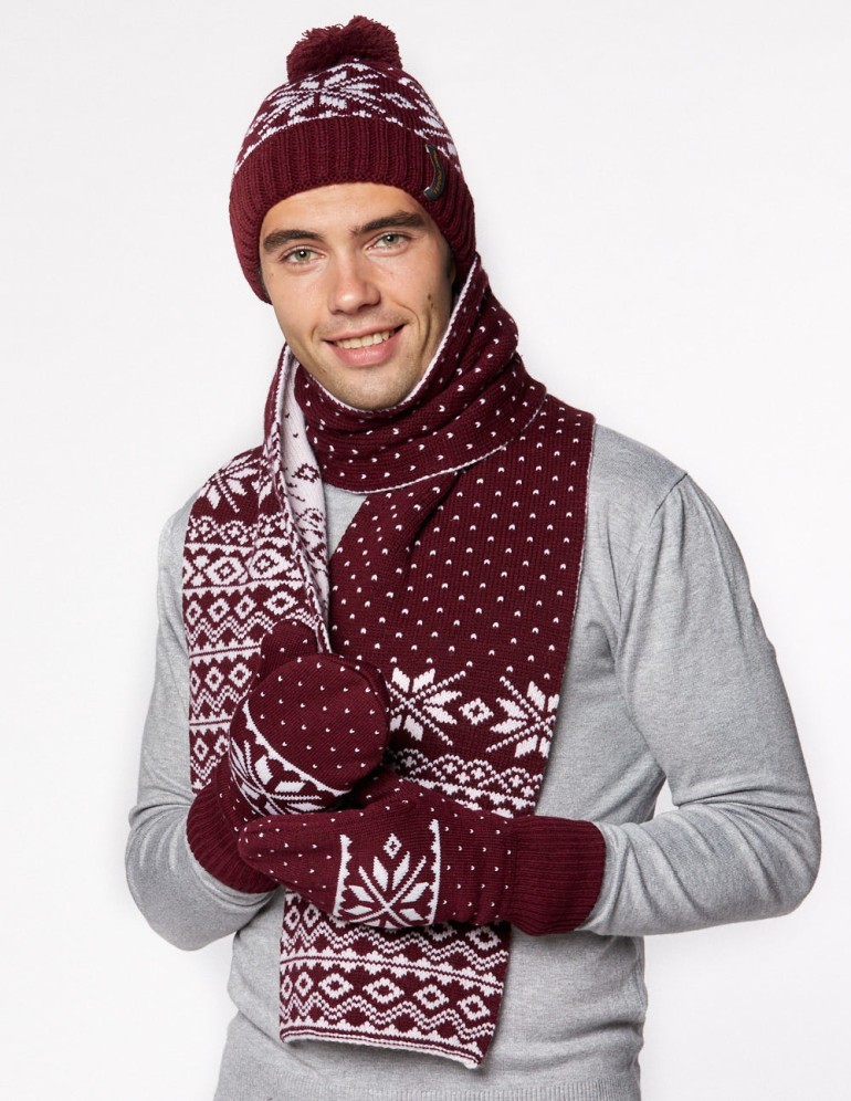 Мужские шапка, шарф и варежки со снежинкой - фото1