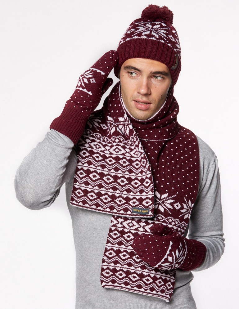 Мужские шапка, шарф и варежки со снежинкой - фото2