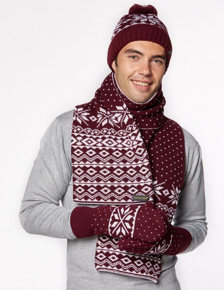 Мужские шапка, шарф и варежки со снежинкой - фото3