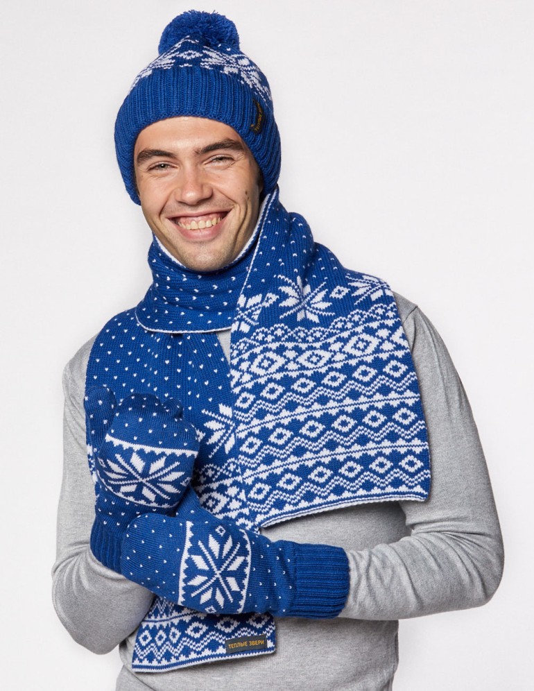 Мужские шапка, шарф и варежки со снежинкой - фото1