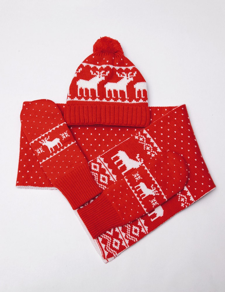 Женские шапка, шарф и варежки с оленями - фото4