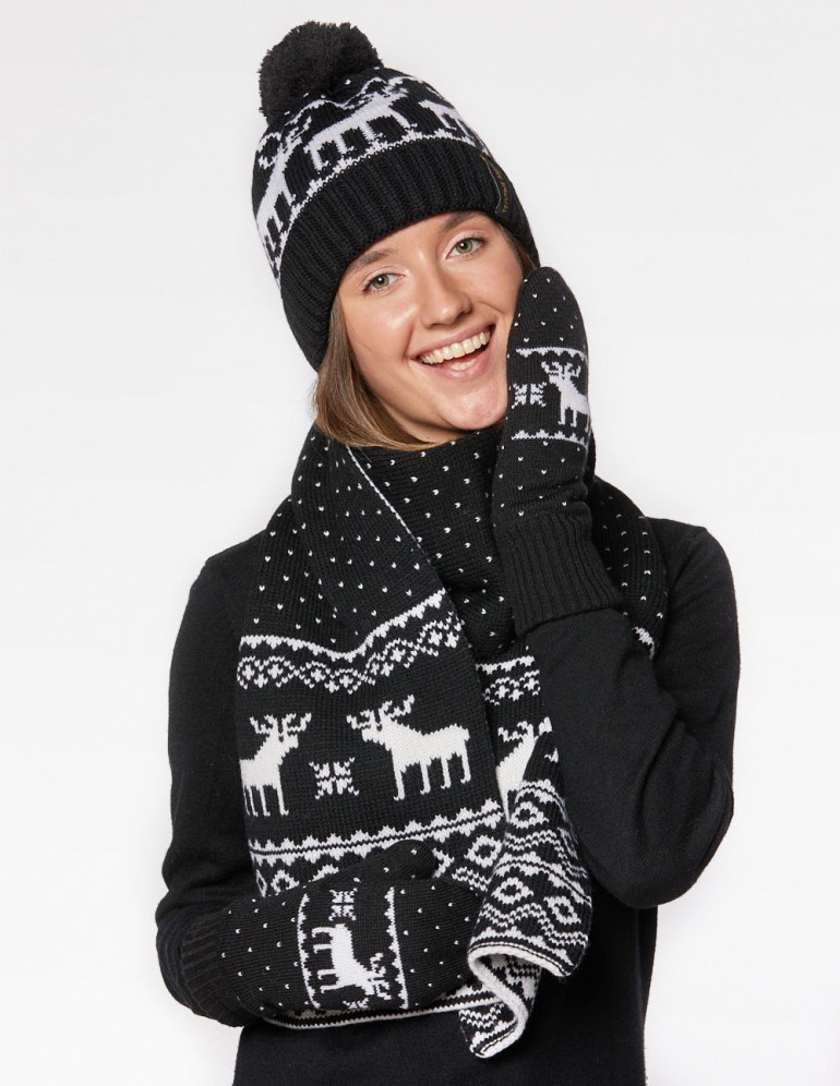 Женские шапка, шарф и варежки с оленями - фото2