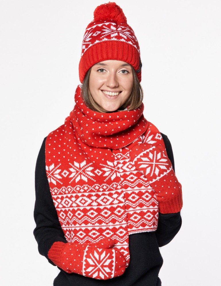 Женские шапка, шарф и варежки со снежинками - фото3