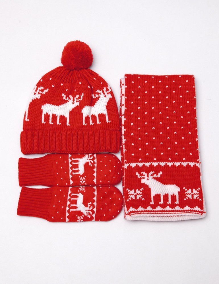 Детские шапка, шарф и варежки с оленями - фото3