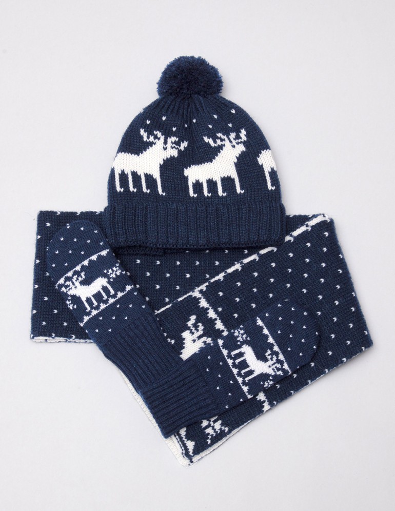 Детские шапка, шарф и варежки с оленями - фото1