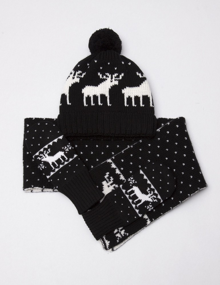 Детские шапка, шарф и варежки с оленями - фото1