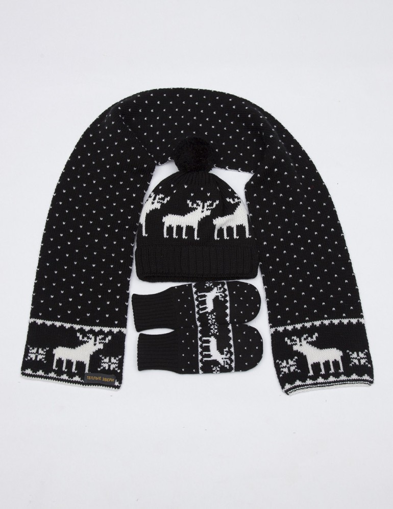 Детские шапка, шарф и варежки с оленями - фото4