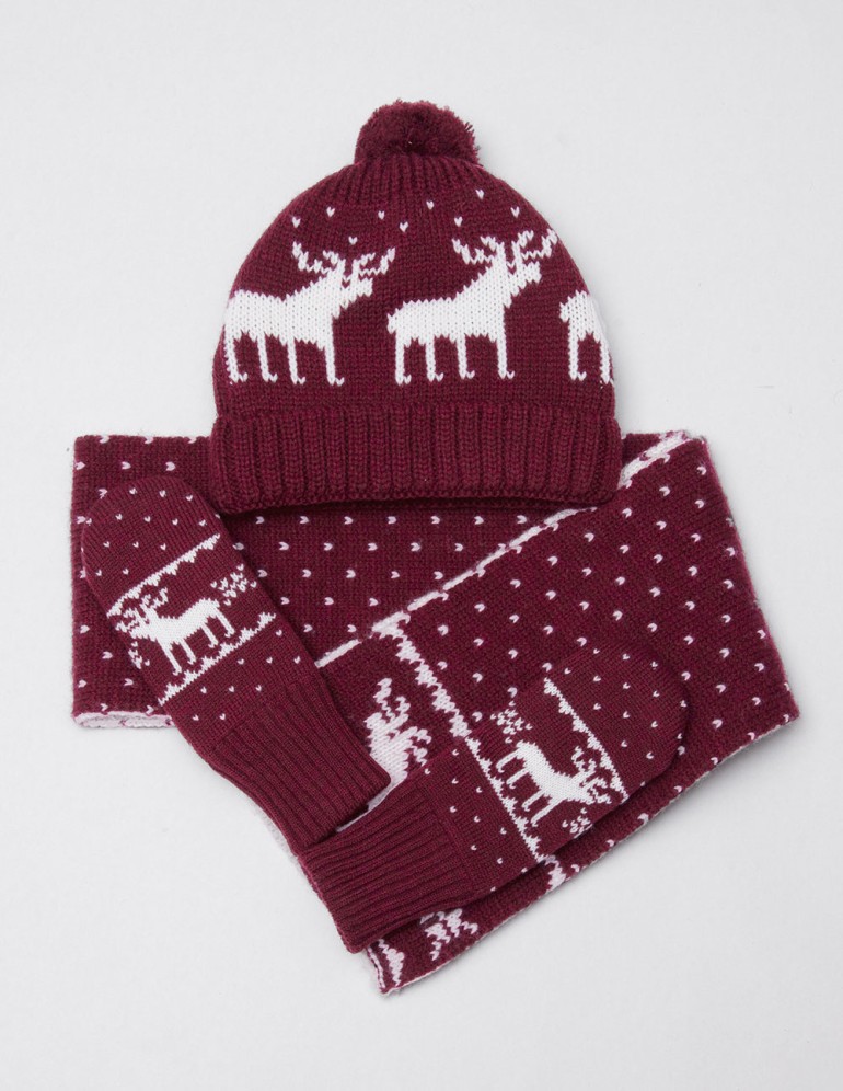 Детские шапка, шарф и варежки с оленями - фото1