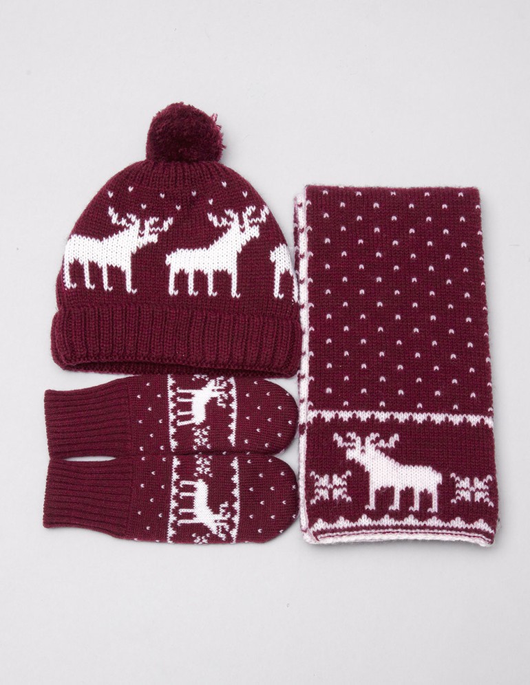 Детские шапка, шарф и варежки с оленями - фото3