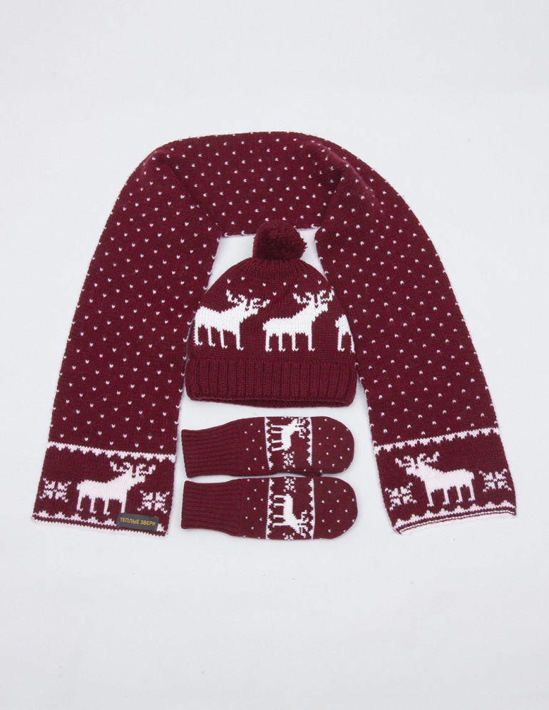 Детские шапка, шарф и варежки с оленями - фото4