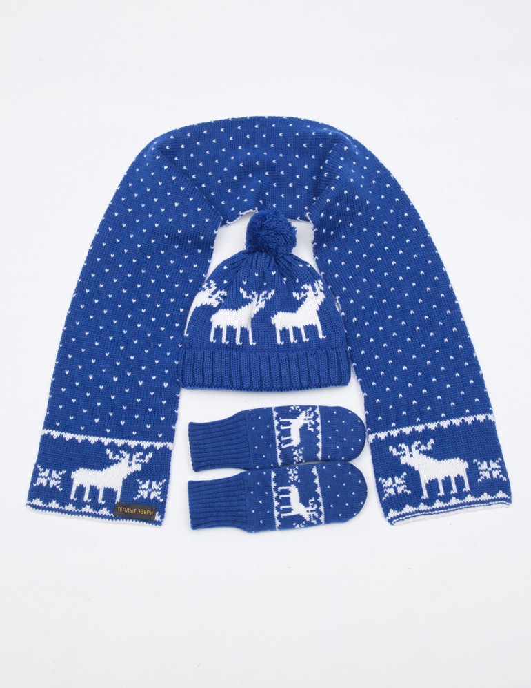 Детские шапка, шарф и варежки с оленями - фото4