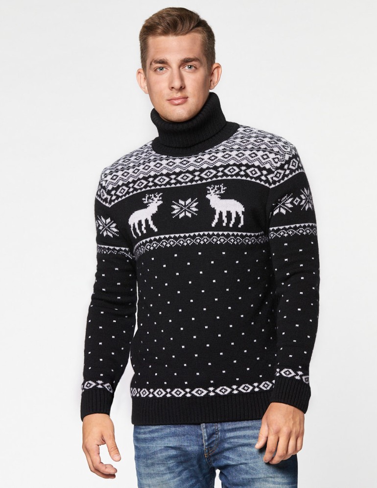 Мужской свитер с оленями c горлом - фото1