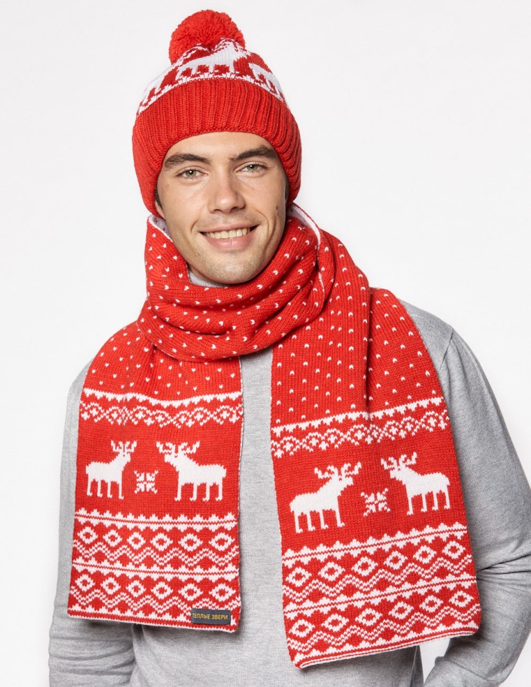 Мужские шапка и шарф с оленями - фото3