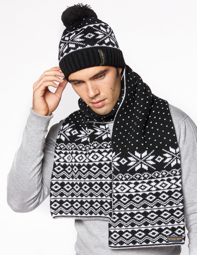 Мужские шапка и шарф со снежинками - фото1