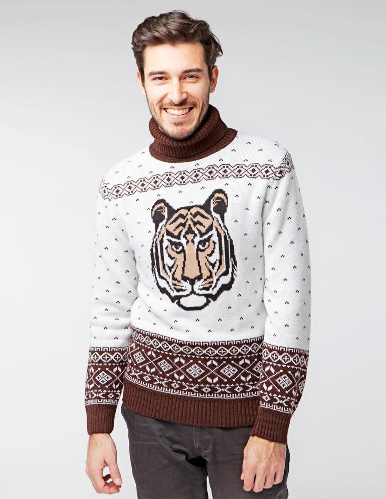 Мужской свитер с тигром c горлом - фото1