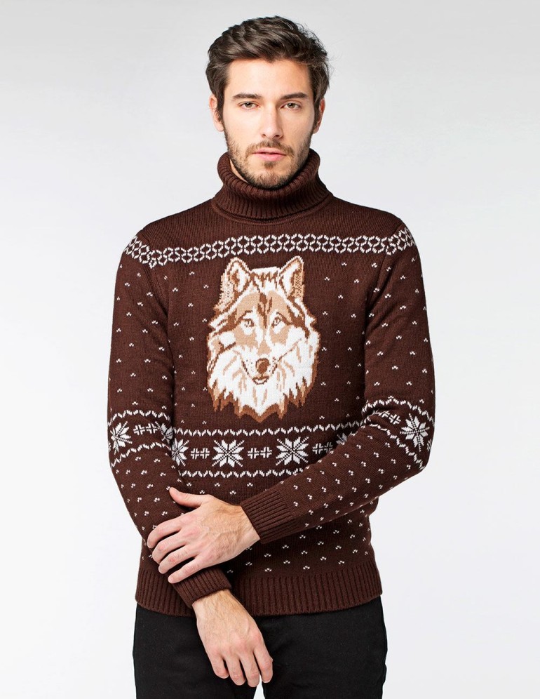 Мужской свитер с волком c горлом - фото1