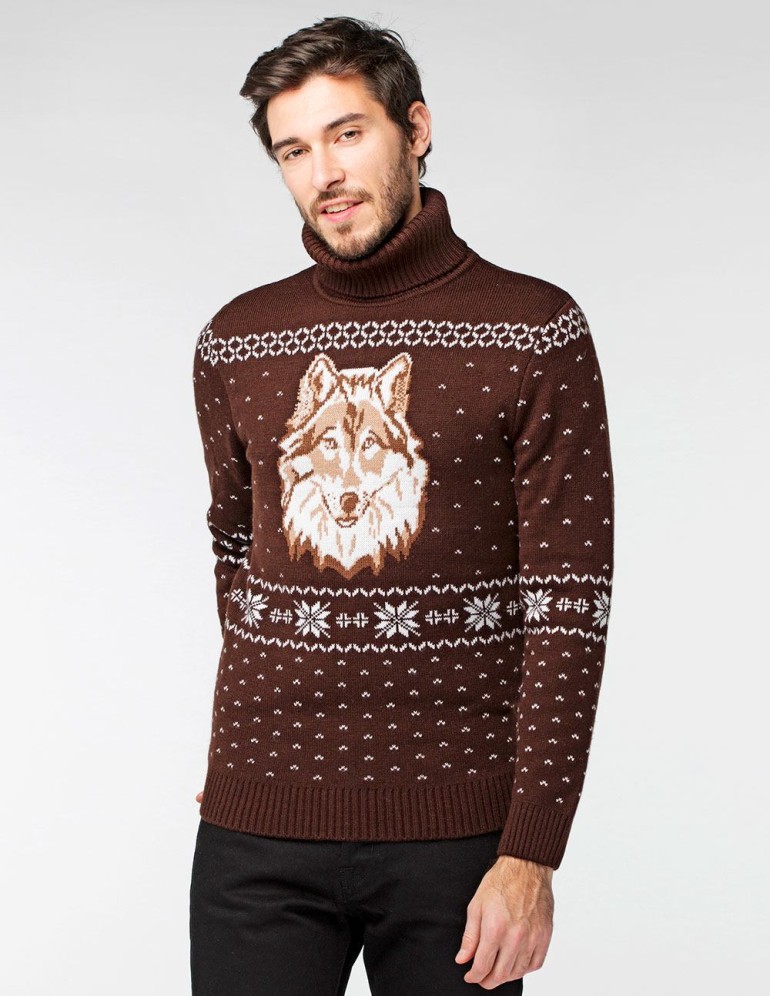 Мужской свитер с волком c горлом - фото2