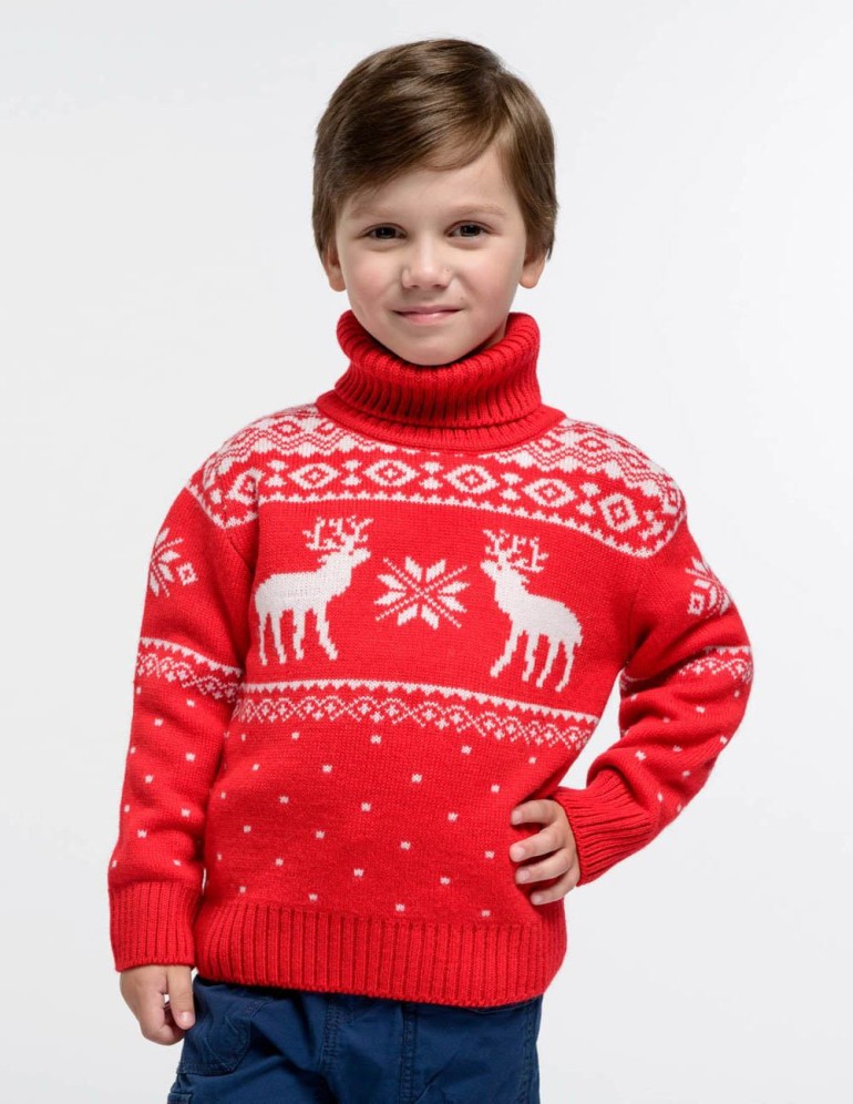 Детский свитер с оленями с горлом - фото1
