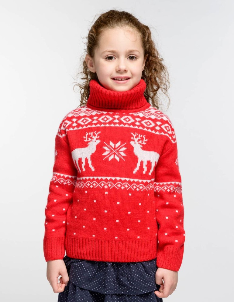Детский свитер с оленями с горлом - фото1